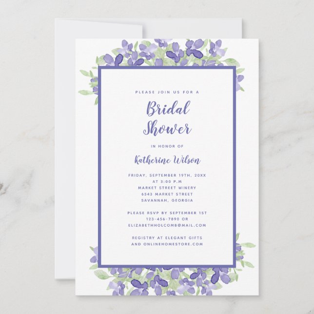 Elegant Periwinkle Floral Watercolor Bridal Shower Invitation (Front)