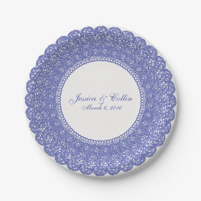 Elegant periwinkle & white lace doily plate (Front)