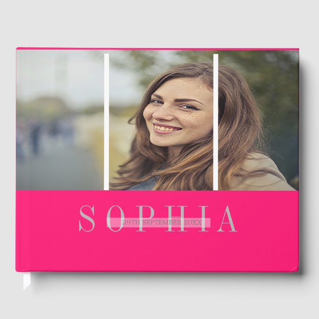 Elegant Personal Photo Bat Mitzvah Pink Silver Guest Book (Front)