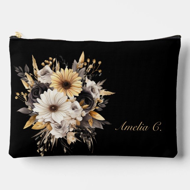 Elegant Personalise Black & Gold Flowers Accessory Pouch (Front)