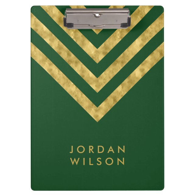 Elegant Personalise Name Green Faux Gold Chevron Clipboard (Front)
