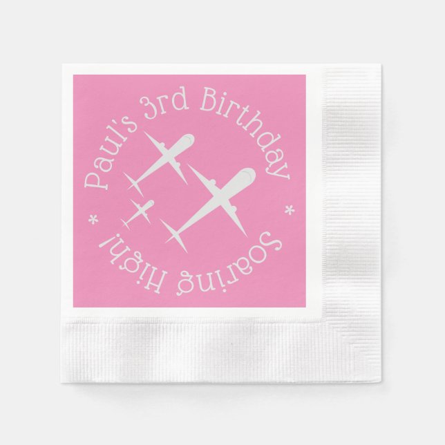 Elegant Personalised Aeroplanes, Pink Kids Birthda Napkin (Front)