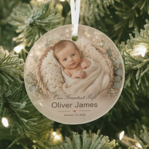 Elegant Personalised Baby Boy Photo Keepsake Glass Tree Decoration