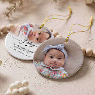 Elegant Personalised Baby Name Birth Stats & Photo Ceramic Tree Decoration