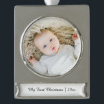 Elegant Personalised Baby's First Christmas Photo Silver Plated Banner Ornament<br><div class="desc">Elegant Personalised Baby's First Christmas Silver Plated Banner Ornament

Can be fully customised to suit your needs.
© Gorjo Designs. Made for you via the Zazzle platform. 

// Need help customising your design? Got other ideas? Feel free to contact me (Zoe) directly via the contact button below.</div>