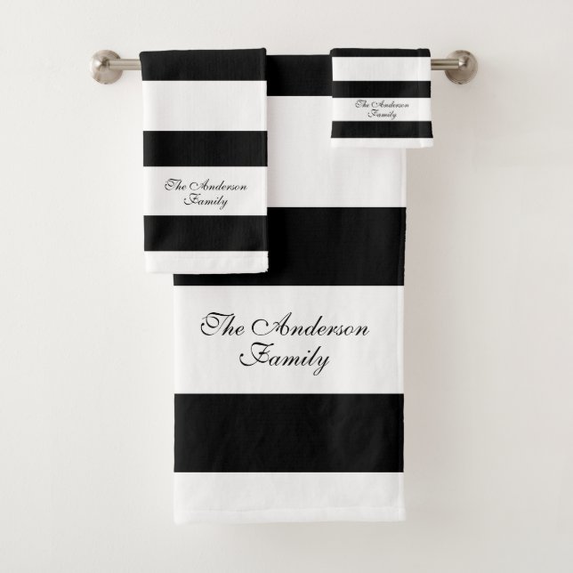 Elegant Personalised Black and White Stripes Bath Towel Set (Insitu)