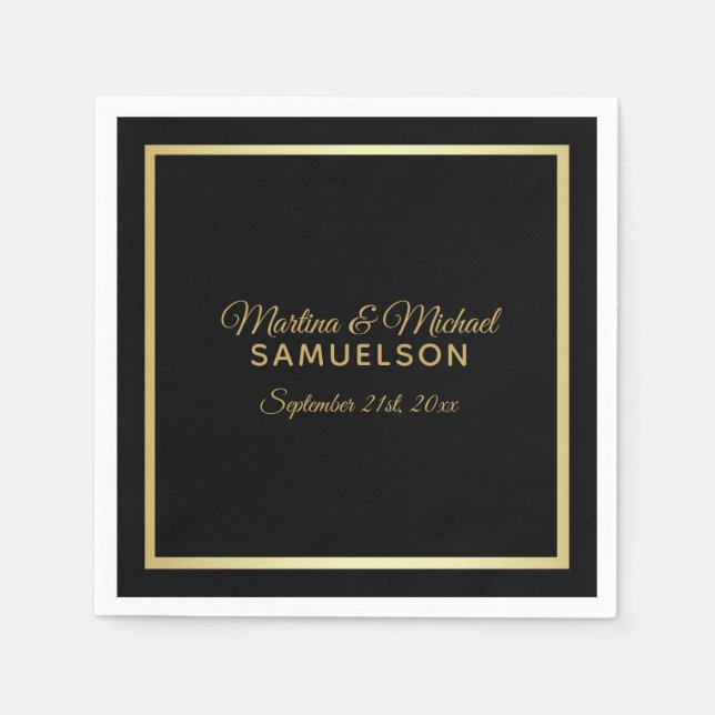 Elegant Personalised Black Gold Frame Wedding Napkin (Front)