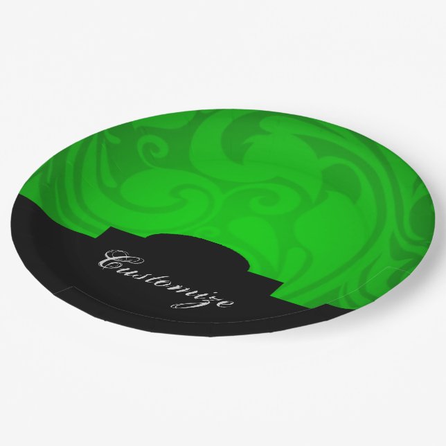 Elegant Personalised Black & Green Paper Plates (Angled)