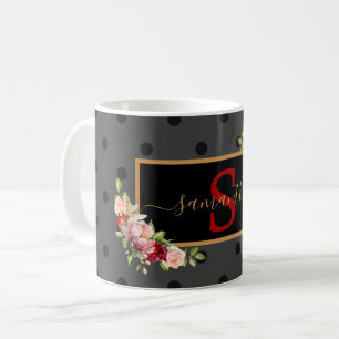Elegant Personalised Black Polka Dot and Roses Coffee Mug