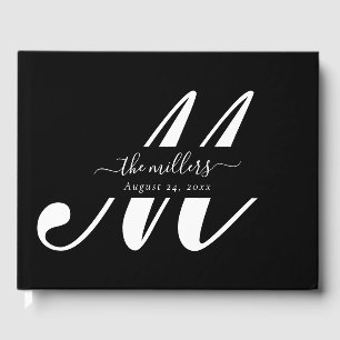 Elegant Personalised Black Script Monogram Wedding Guest Book