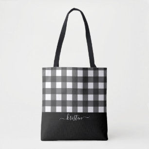 Elegant Personalised Black White Buffalo Plaid Tote Bag
