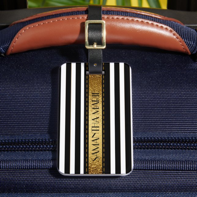 Elegant personalised Black White Gold Striped Luggage Tag (Front Insitu 2)