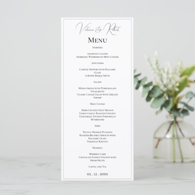 Elegant Personalised Black & White Wedding Menu (Standing Front)