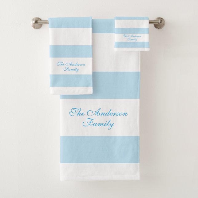 Elegant Personalised Blue and White Stripes Bath Towel Set (Insitu)