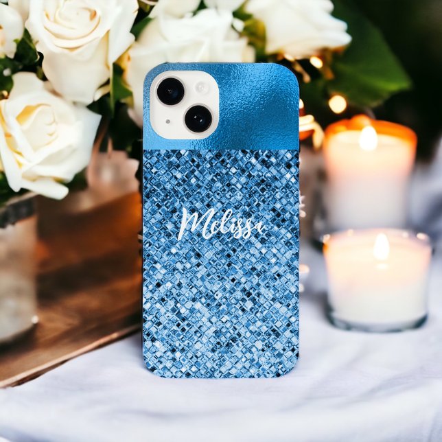 Elegant Personalised Blue Glitter Look Luxury iPhone Case (Creator Uploaded)
