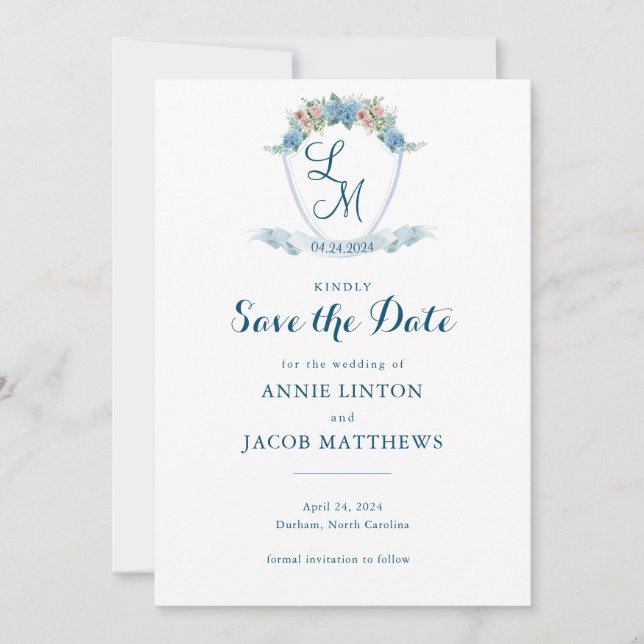 Elegant Personalised Blue Hydrangea Wedding Crest  Save The Date (Front)