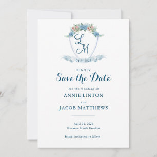 Elegant Personalised Blue Hydrangea Wedding Crest Save The Date