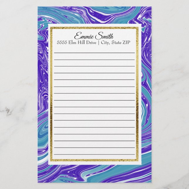 Elegant Personalised Blue Teal and Gold Stationery (Front)