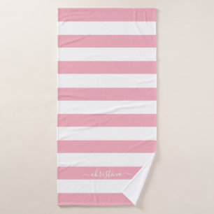 Elegant Personalised Blush Pink White Stripes Bath Towel