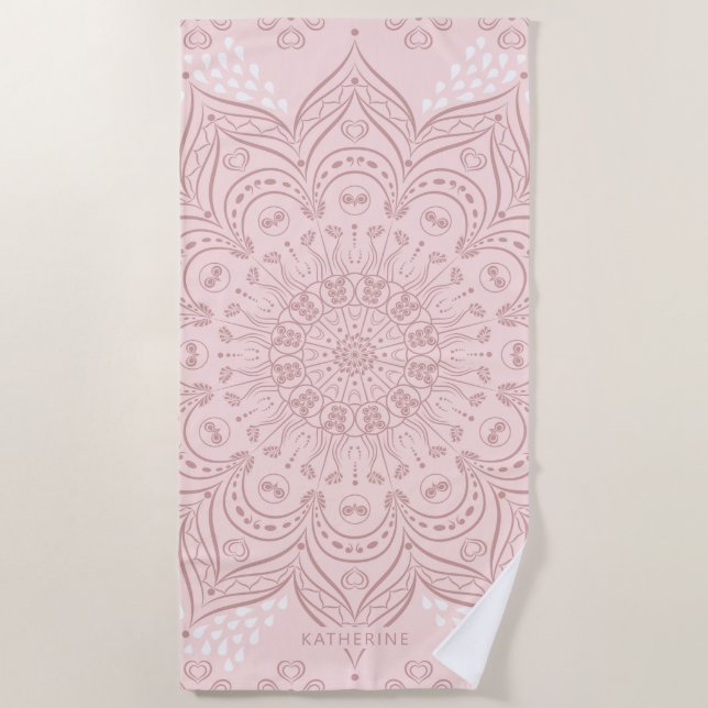 Elegant Personalised Boho Blush Pink Mandala Beach Towel (Front)