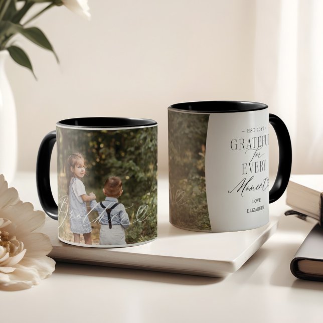 Elegant Personalised Brother Photo BFF Keepsake Mug (Brother Script Heart Grateful Every Moment Photo Mug)