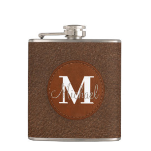elegant personalised brown leather groomsman hip flask