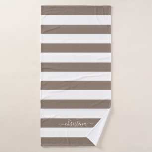 Elegant Personalised Brown Taupe White Stripes Bath Towel