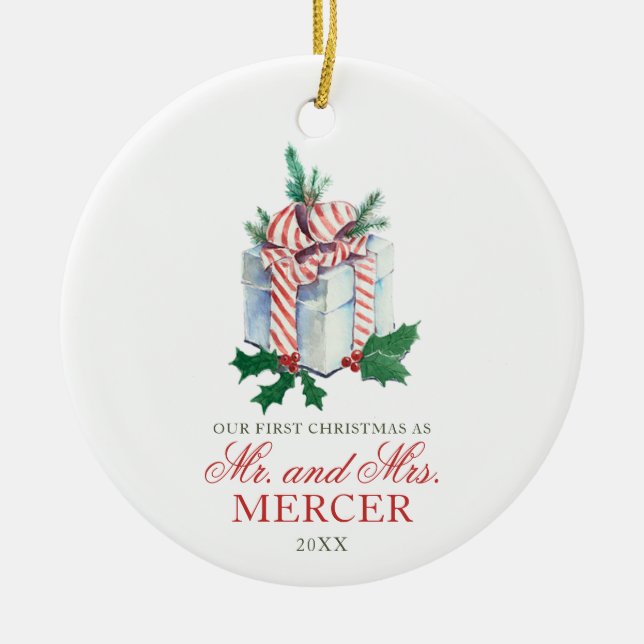 Elegant Personalised Christmas Newly Married  Ceramic Tree Decoration (Front)
