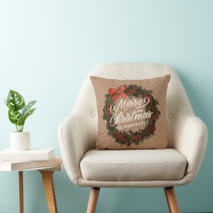 Elegant Personalised Christmas Wreath Throw Pillow