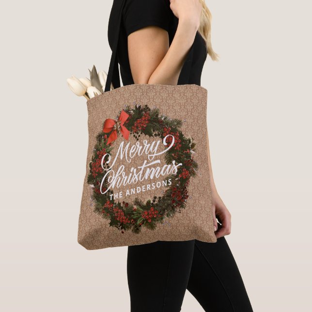 Elegant Personalised Christmas Wreath | Tote Bag (Close Up)