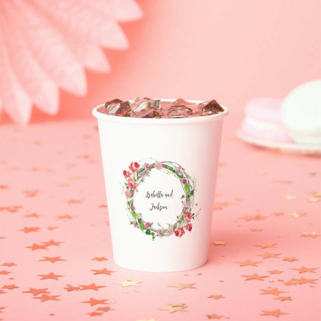 elegant personalised couple/single name floral  paper cups (Insitu)