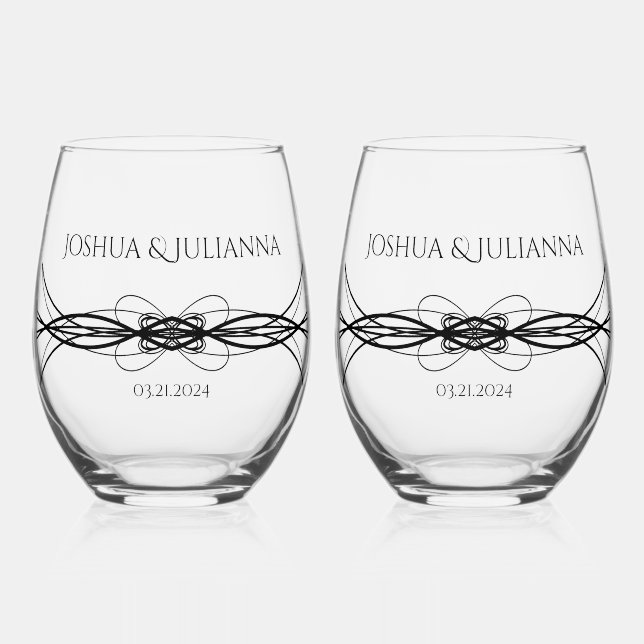 Elegant Personalised Couple's Name Date Wedding Stemless Wine Glass (Front)