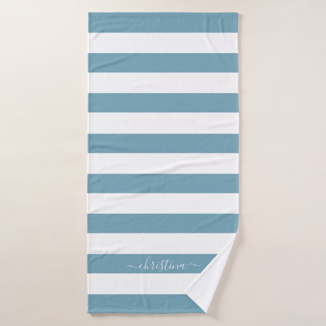 Elegant Personalised Dust Blue White Stripes Bath Bath Towel (Bath Towel)