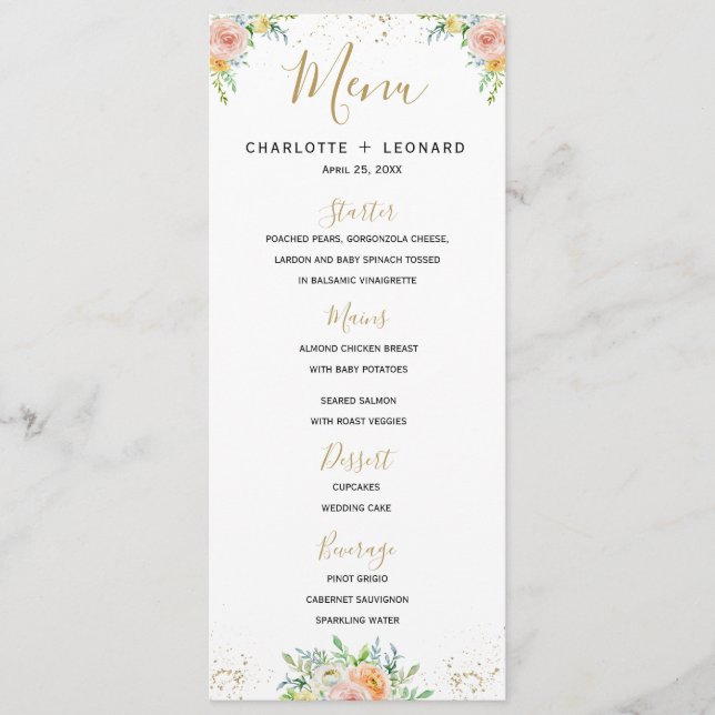 Elegant personalised floral gold Menu template (Front)