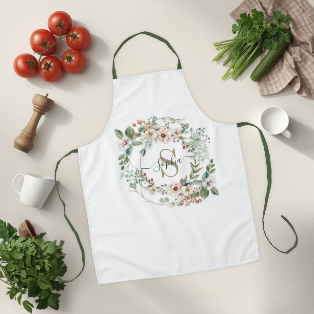 Elegant Personalised Floral Monogram Name Apron (Creator Uploaded)
