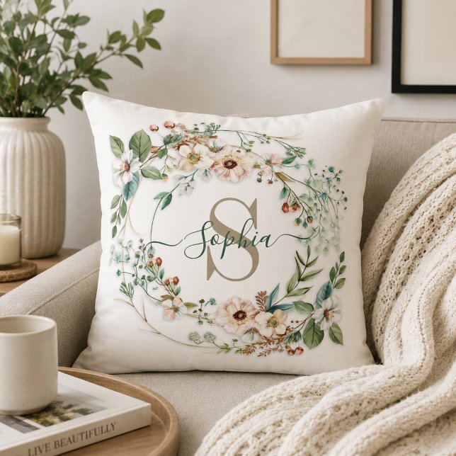 Elegant Personalised Floral Monogram Name Cushion (Creator Uploaded)