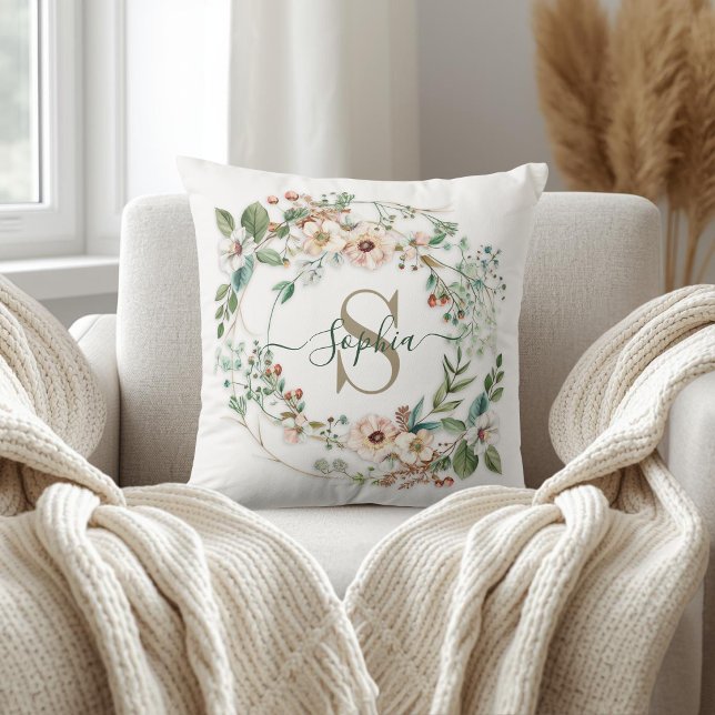 Elegant Personalised Floral Monogram Name Cushion (Creator Uploaded)