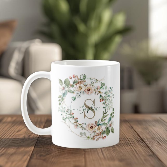 Elegant Personalised Floral Monogram Name Gift Coffee Mug (Creator Uploaded)