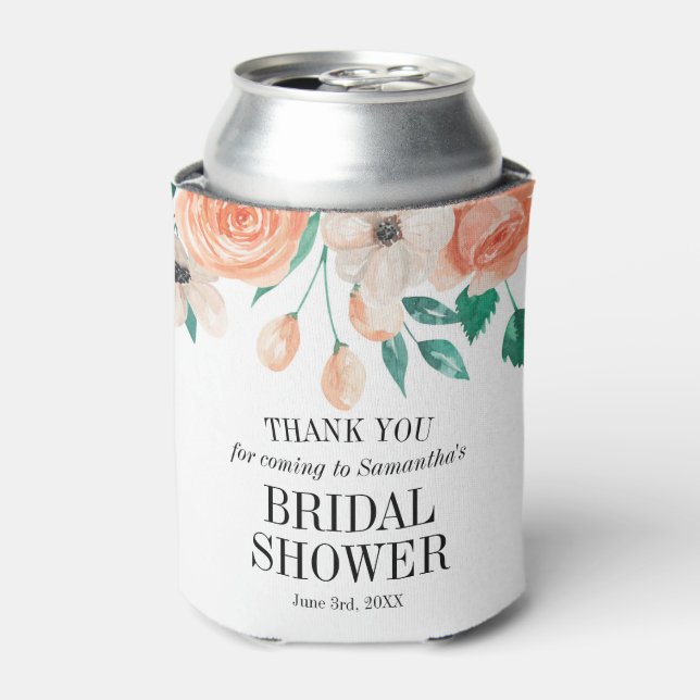 Elegant Personalised Floral Peach Bridal Shower Can Cooler (Can Front)