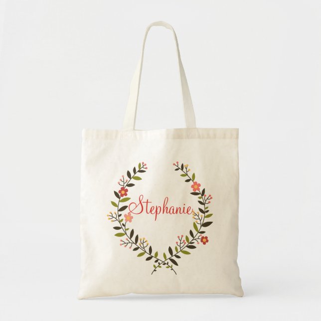 Elegant Personalised Floral Wreath Tote Bag (Front)
