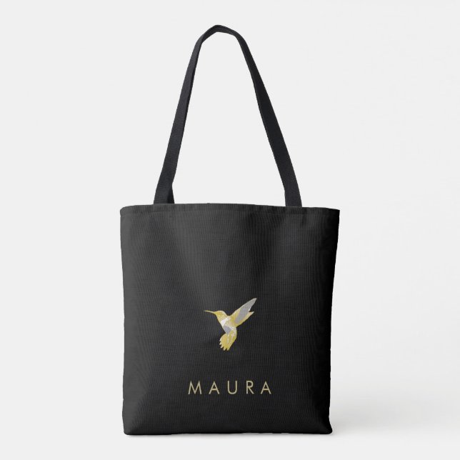 Elegant Personalised Gold Hummingbird on Black  Tote Bag (Back)