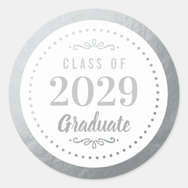Elegant Personalised Graduate Faux Silver Foil Classic Round Sticker (Front)