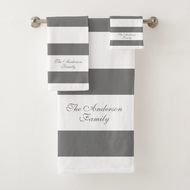 Elegant Personalised Grey and White Stripes Bath Towel Set (Insitu)