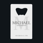 Elegant Personalised Groomsmen<br><div class="desc">Add a personal touch to your wedding with personalised groomsmen credit card bottle opener. This bottle opener features personalised groomsman's name with title and wedding date in grey and monogram in light grey as background, in classic serif font style, on white background. Also perfect for best man, father of the...</div>