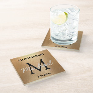 elegant personalised groomsmen gold luxury wedding glass coaster