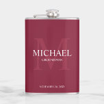 Elegant Personalised Groomsmen Monogram and Name Hip Flask<br><div class="desc">Add a personal touch to your wedding with personalised groomsmen flask. This flask features personalised groomsman's name with title and wedding date in white and monogram in light burgundy red as background, in classic serif font style, on burgundy red background. Also perfect for best man, father of the bride and...</div>