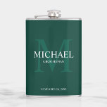 Elegant Personalised Groomsmen Monogram and Name Hip Flask<br><div class="desc">Add a personal touch to your wedding with personalised groomsmen flask. This flask features personalised groomsman's name with title and wedding date in white and monogram in light emerald green as background, in classic serif font style, on emerald green background. Also perfect for best man, father of the bride and...</div>