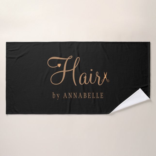 Elegant personalised hair stylist name gold black bath towel (Bath Towel)