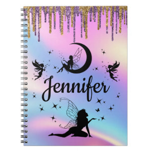 elegant personalised holographic fairy glitters notebook