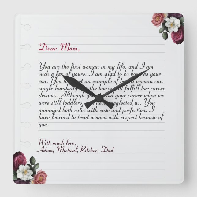 Elegant Personalised Love Letter Handwritten Square Wall Clock (Front)